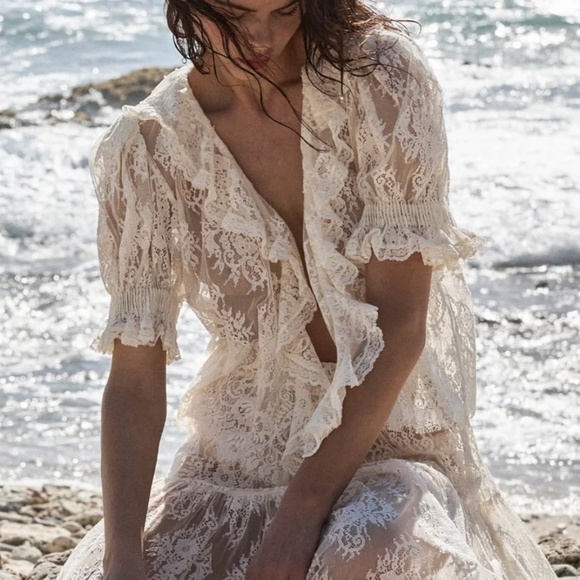 Doen Henri Lace Sheer Top Blouse - Sea Salt Ivory Cream Bohemian Vacation Causal - Picture 3 of 13